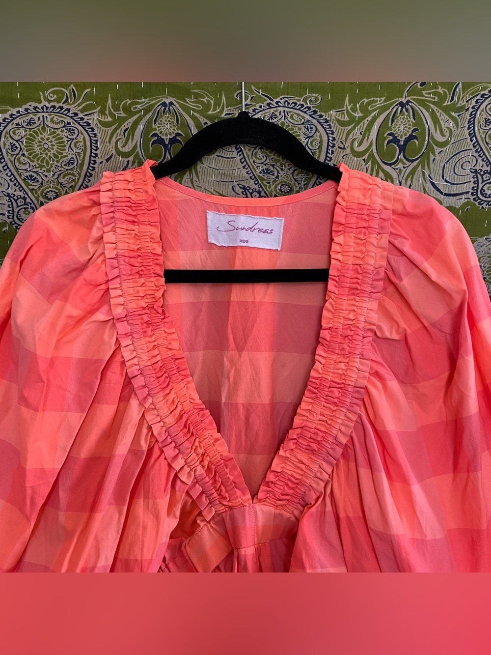Sundress Neon Coral Alicia Glam Gingham V-Neck Puff Sleeve Romper Size XS/ S - Picture 3 of 16
